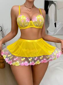 女士性感内衣三件套：网纱刺绣钢圈文胸、可拆卸吊袜带和内裤 - 彩色 - 查看 1