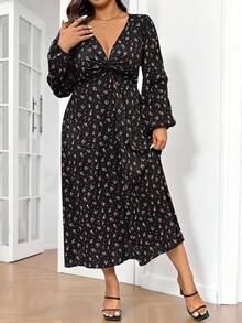 SHEIN Frenchy Đầm tay phồng họa tiết hoa dáng rộng, cỡ lớn, thích hợp cho mùa xuân và thu, đầm nữ mùa thu, thanh lịch. - Nhiều màu - Xem 2