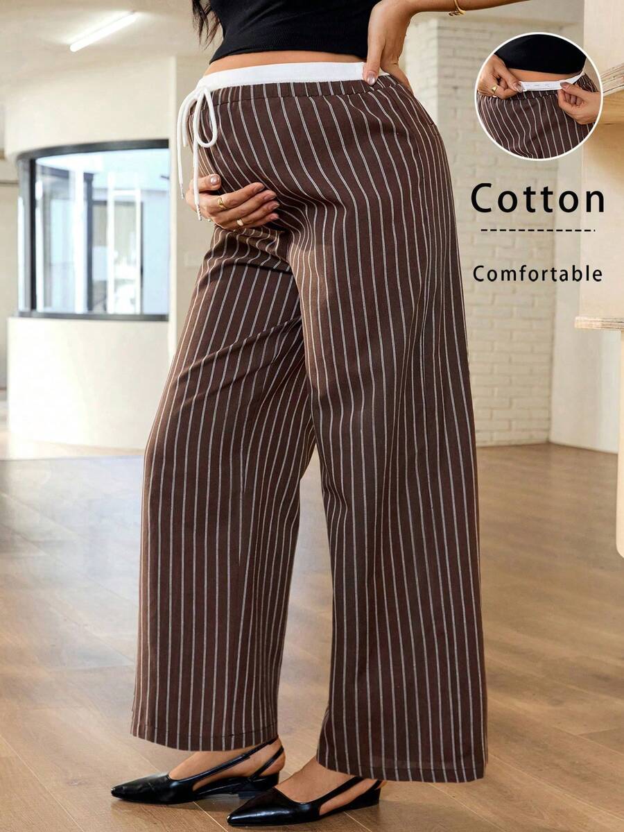 MaterniWear 春季女士办公商务孕妇工作裤，可调节腰围条纹阔腿宽松休闲裤，适合孕妇穿着，阔腿裤条纹裤棕色棉质抽绳腰裤棕色家居裤棉质裤女士下装 - 棕色 - 查看 1