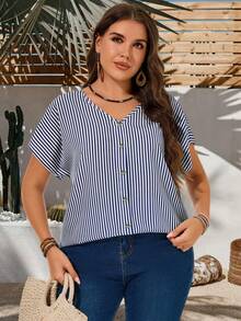 Rosumi 大码女式休闲度假条纹印花V领露肩袖宽松衬衫，夏季蓝白条纹上衣，夏季条纹衬衫，女式教师装 - 藏蓝色 - 查看 4