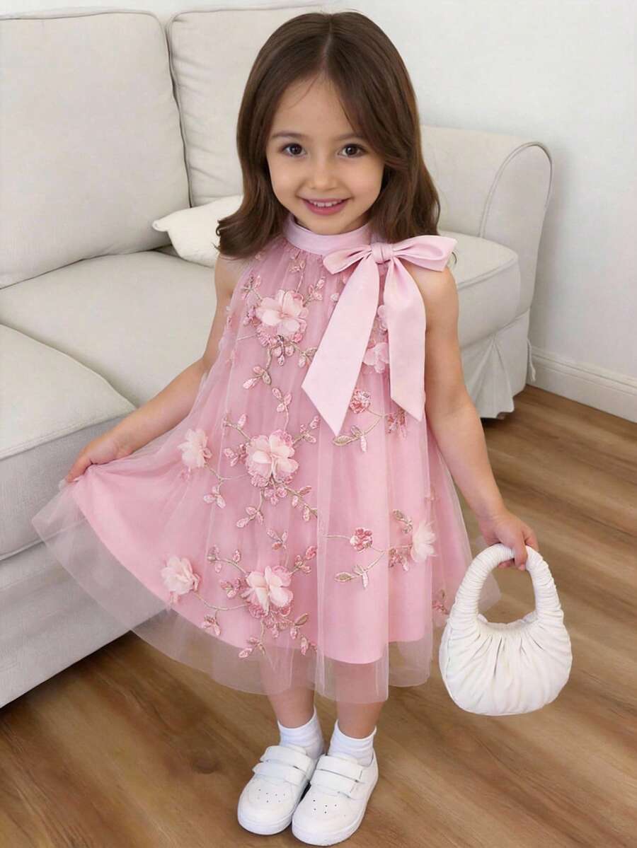 SHEIN Young Girl's Stand Collar Mesh Floral Casual Loose Halter Dress - Pink - View 1