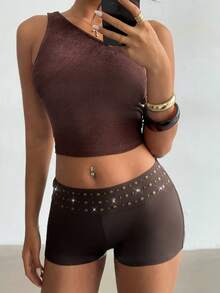 Aloruh Women's Dark Brown Hot Pants With Rivet Decoration, Seductive Micro Shorts For Night Out, Summer Music Festivals, Streetwear, Boho Chic Beach - Brown - View 4