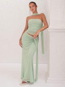 juhmazzocco 2pcs/Set Summer Solid Pink Cropped Ruched Camisole & Low Waisted Ruched Flowy Midi Skirt, Beach Holiday Outfit, Bohemian Backless Dress, Women's Music Festival Attire, Bridesmaid 2 Pieces Set - Mint Green - View 3