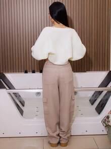 AfricaSnchz 女式宽松实用口袋阔腿休闲牛仔裤 - 卡其色 - 查看 2