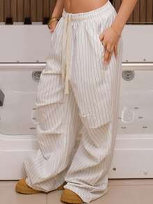 AfricaSnchz 女式夏季基本款条纹阔腿运动裤 - 白色 - 查看 4