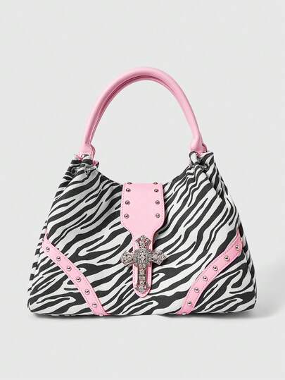 ROMWE Grunge Punk 女士单肩包，流浪包，黑白斑马纹，动物纹，粉色拼接人造革，时尚，个性化，朋克，哥特，哥特式十字架五金装饰，简约，百搭，街头风，甜美酷女孩，性感女孩，Y2K，复古，铆钉，复古