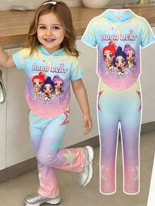 SHEIN 2pcs Baby Girl Tie-Dye Cute Girl Pattern Knitted Sleeveless T-Shirt And Leggings Set - Multicolor - View 3