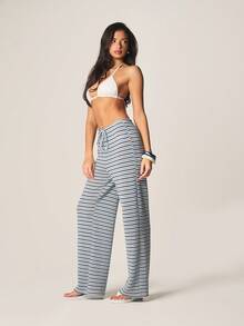 MISSGUIDED Striped Crochet Wide Leg Palazzo Pants High Waisted Drawstring Summer Casual Loose Fit Trousers Beach Vacation - Multicolor - View 4