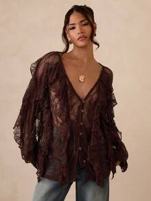 SHEIN Glamour Casual Street Coffee V-Neck Long Sleeve Blouse For Women Brown Lace Top Lace Cover Up Boho Blouses Lace Kimono Sheer Cardigan - Coffee Brown - View 1