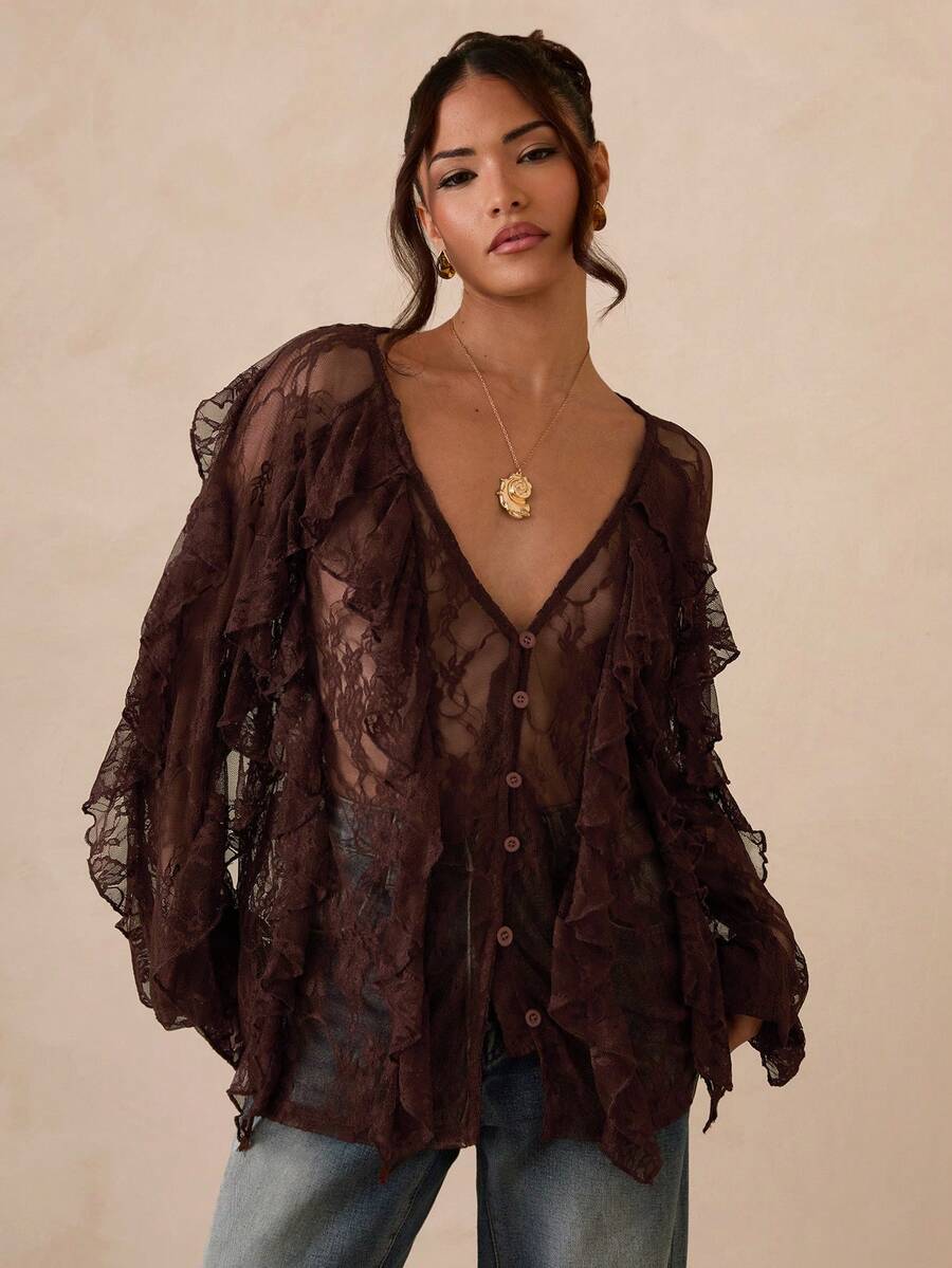 SHEIN Glamour Casual Street Coffee V-Neck Long Sleeve Blouse For Women Brown Lace Top Lace Cover Up Boho Blouses Lace Kimono Sheer Cardigan - Coffee Brown - View 1
