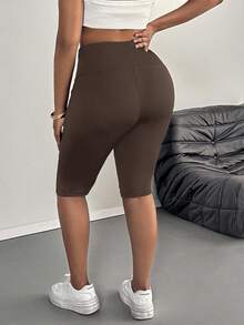 SHEIN PETITE CURVE 大码女士休闲纯色打底裤，适合夏季穿着 - 咖啡棕 - 查看 2