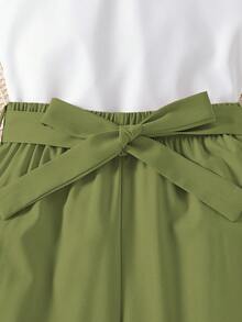Teen Girl Summer Ruffle Hem Round Neck Top With Bow Decorations And Casual Pants 2pcs/Set,Holiday,Summer,Travel - Army Green - View 8