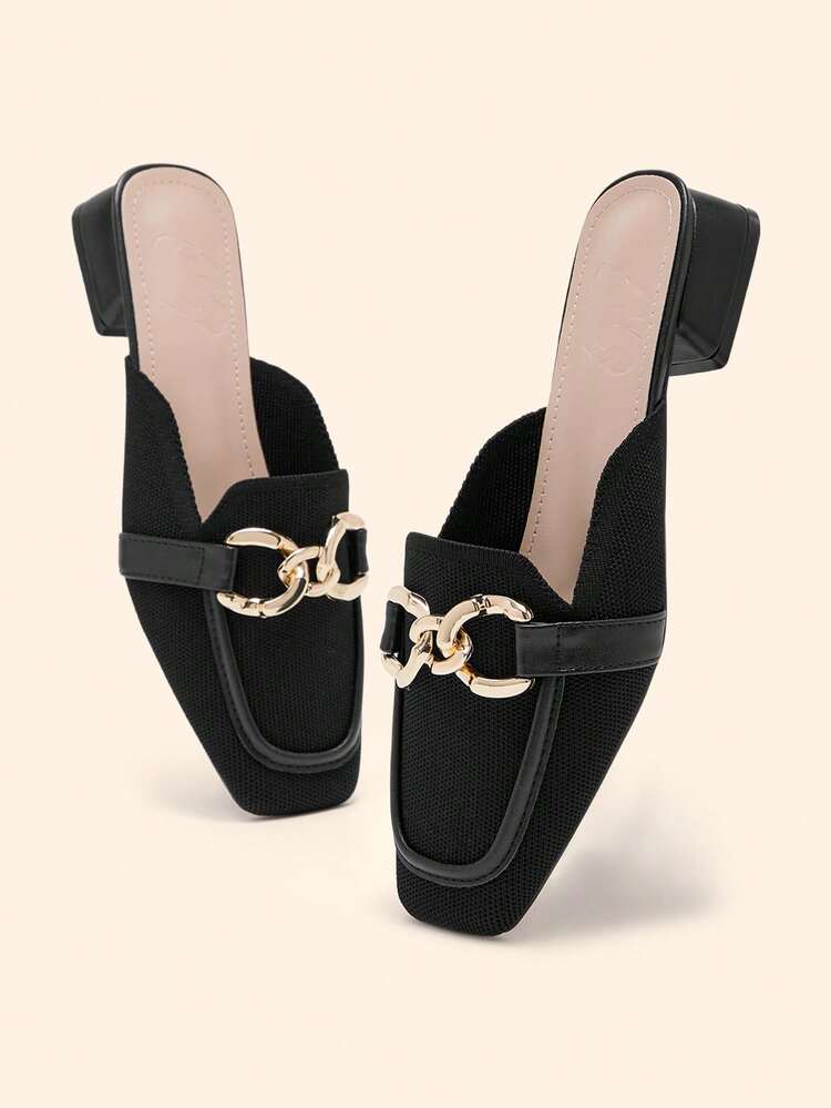 CUCCOO BASICS Women's Low Heel Square Toe Fashion Black Knit Metal Buckle Comfortable Slip-On Mules, Suitable For Daily, Commute, And Dates Spring Shoes