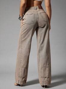Denimoi Quần jeans ống rộng nữ có túi và cúc, kiểu dáng thường ngày, đa năng. - Rửa nhẹ - Xem 2