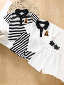 SHEIN 两件套男婴卡通熊印花 Polo 衫和短裤休闲套装 - 彩色 - 查看 5