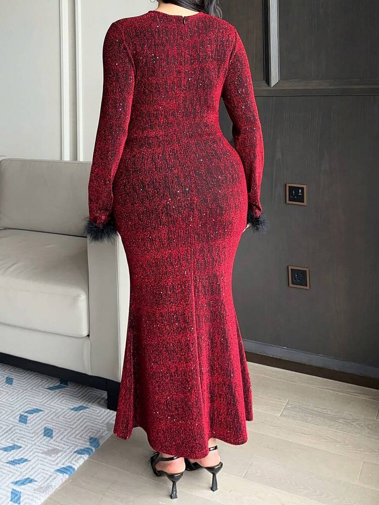 Dazy Plus Shiny Round Neck Wrap Waist Elegant Party Maxi Mermaid Dress, Plus Size Red, Suitable For New Year Sundress