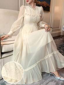 DAZY 女士优雅蕾丝拼接立领泡泡袖连衣裙，秋季婚礼宾客礼服/吊带裙 - 米色 - 查看 3