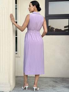 MaterniWear Maternity Single-Breasted Casual Waist Tie Sleeveless Shirt Dress - Purple - View 2