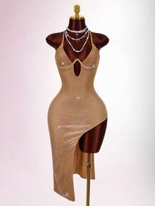 Amplova 无袖钢圈镂空露背交叉绑带性感修身中长连衣裙，适合派对穿着 - 棕色 - 查看 6