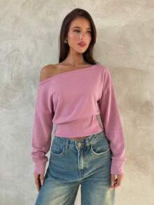 Aloruh Apricot Knit Asymmetric Shoulder Long Sleeve Top For Women, Autumn/Winter - Pink - View 3