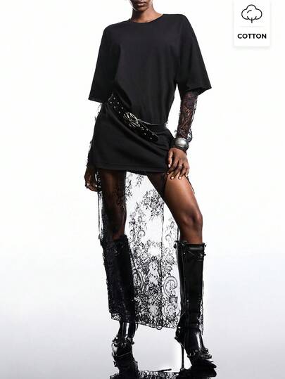 LYSMO 2025 New Arrive Minimalism Fall Women Black Round Neck Contrast Lace Loose Long Dress Fall Clothes Halloween Costumes Clothes For Women New Year Look And Christmas Outfit For Women Streetwear Partywear