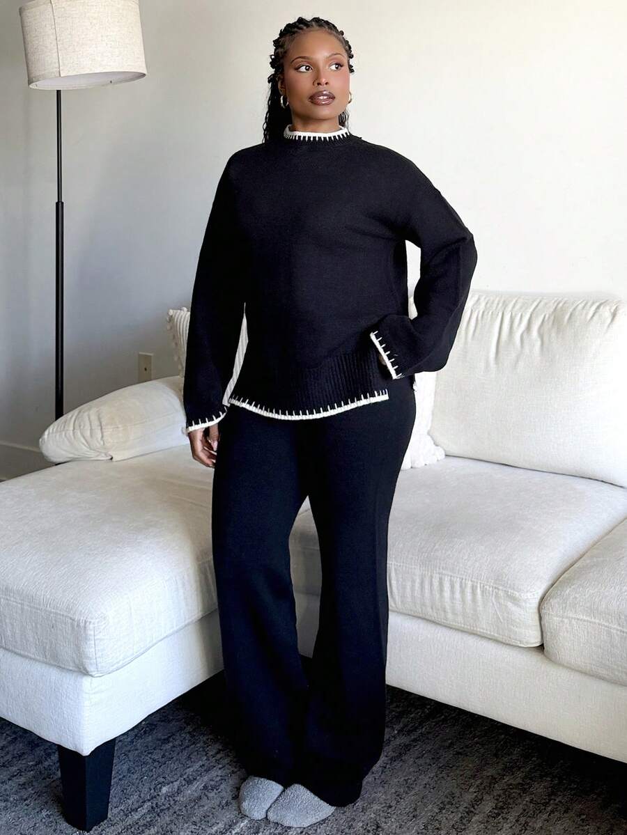Tyla Gomez Set de 2 piezas de suéter de cuello alto con ribete en contraste y pantalones, informal, para mujer - Blanco y Negro - Ver 1