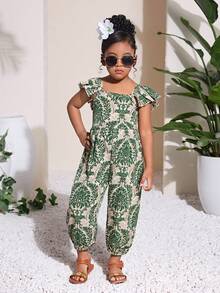 Young Girl Green Floral Print Casual Jumpsuit, Suitable For Daily Wear And Vacation,Kids - Green - View 4