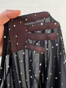 SHEIN EZwear Blusa de manga larga con malla y lentejuelas negras para mujer - Negro - Ver 11