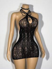 EgrlEra Vestido mini con escote halter y cruzado con adornos de strass para mujer - Negro - Ver 1