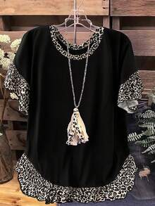 Linhara Plus Size Summer Casual Leopard Print Ruffle Trim T-Shirt Leopard Print Top Black Leopard Print Top - Black - View 1