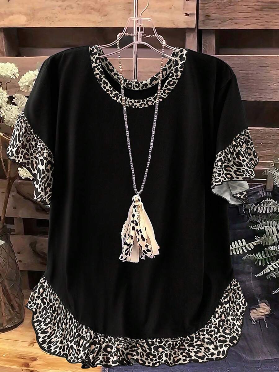 Linhara Plus Size Summer Casual Leopard Print Ruffle Trim T-Shirt Leopard Print Top Black Leopard Print Top - Black - View 1