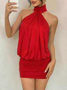 SHEIN PETITE 高领露背吊带迷你连衣裙 - 紅色 - 查看 3