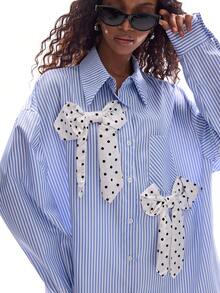 GENKIRA 蓝白条纹宽松衬衫，饰以黑白波点印花和缎面立体蝴蝶结，休闲百搭，学院风 - 彩色 - 查看 1