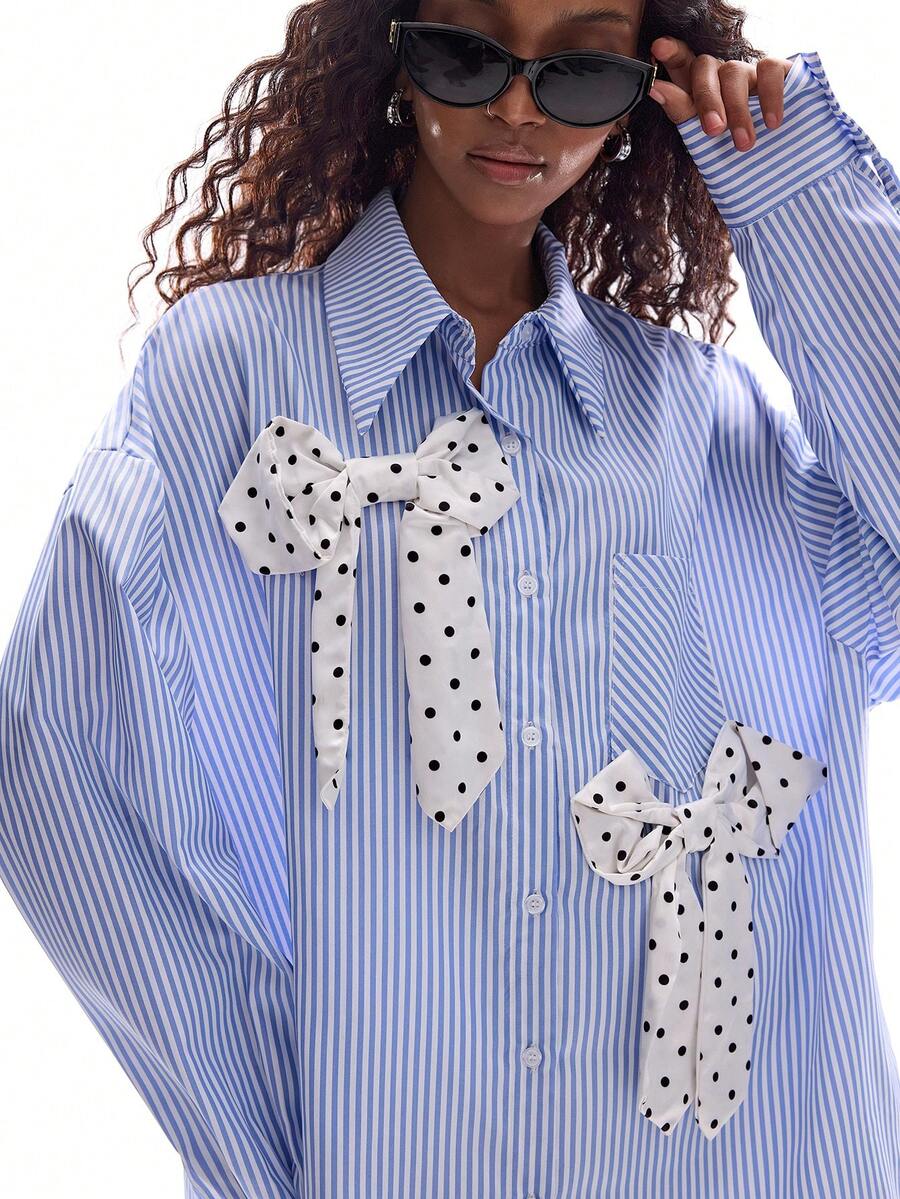 GENKIRA 蓝白条纹宽松衬衫，饰以黑白波点印花和缎面立体蝴蝶结，休闲百搭，学院风 - 彩色 - 查看 1