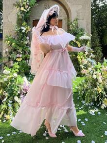 Lyrianda 大码露肩荷叶边腰身A字蛋糕裙，优雅复古可爱，适合派对、婚礼，欧根纱蓬蓬长裙，长款，超长款，A字裙，粉色 - 粉色 - 查看 8