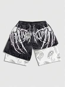 ROMWE MEN Anime Skull Print Drawstring Waist Casual Shorts - Multicolor - View 1