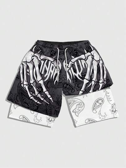 ROMWE MEN Anime Skull Print Drawstring Waist Casual Shorts