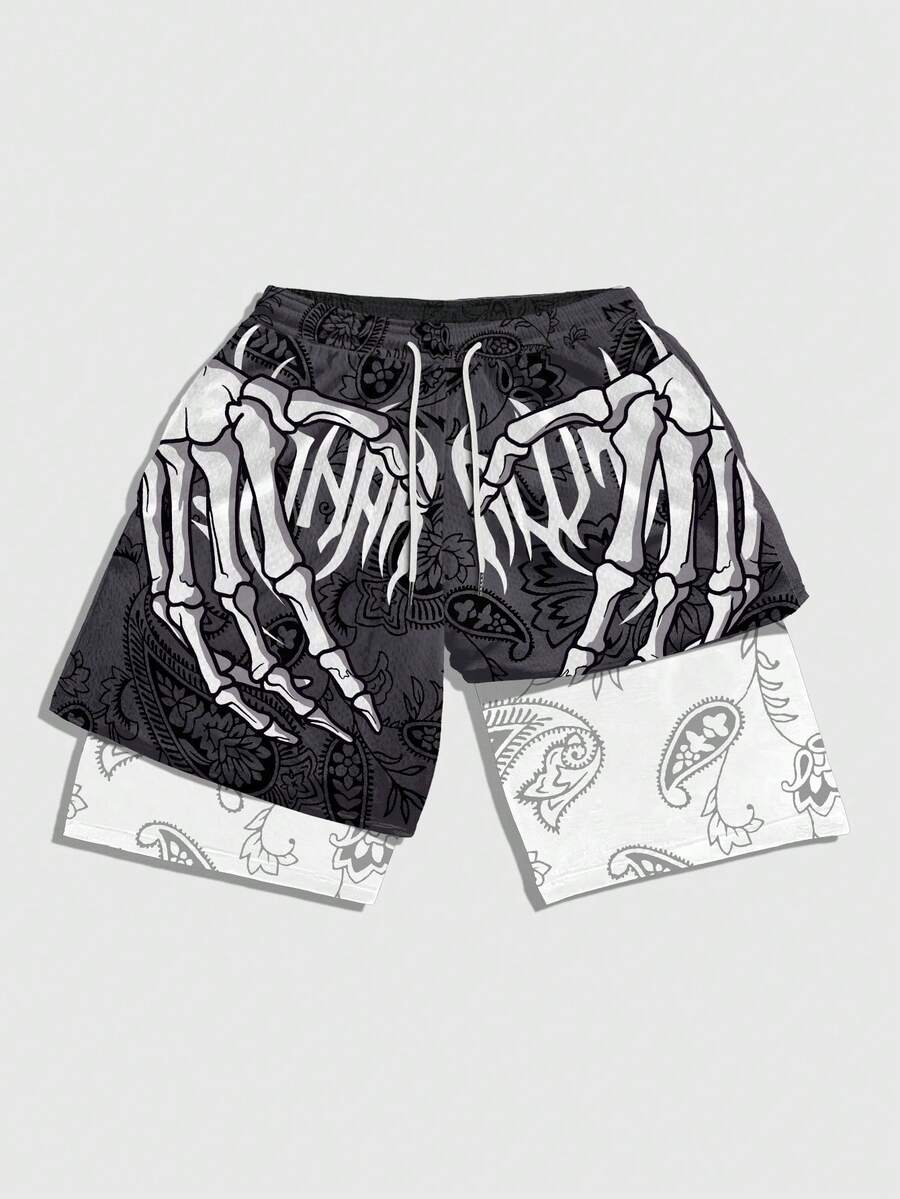 ROMWE MEN Anime Skull Print Drawstring Waist Casual Shorts - Multicolor - View 1