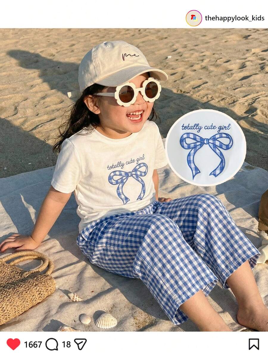 THE HAPPY LOOK 2pcs Young Girl Bow Knit Soft Round Neck Short Sleeve Top And Plaid Pants Set - Multicolor - View 1