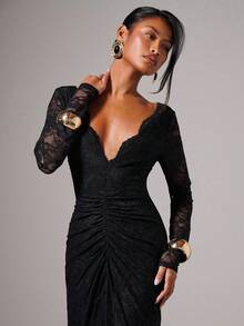 COSMINA Váy ngắn tay dài ren cổ chữ V sâu thanh lịch dành cho nữ, mùa thu/đông - màu đen - Xem 5