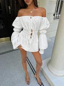 Aloruh Áo kiểu nữ thanh lịch, gợi cảm, thời trang phong cách Y2K, khoét lỗ, thắt nơ phía trước, lệch vai, tay bồng, thích hợp cho mùa xuân/hè. - trắng - Xem 6