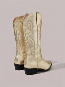 Daringsoles 女士中筒靴，波西米亚西部音乐节风格，适合派对、圣诞节、万圣节装扮 - 金色 - 查看 10