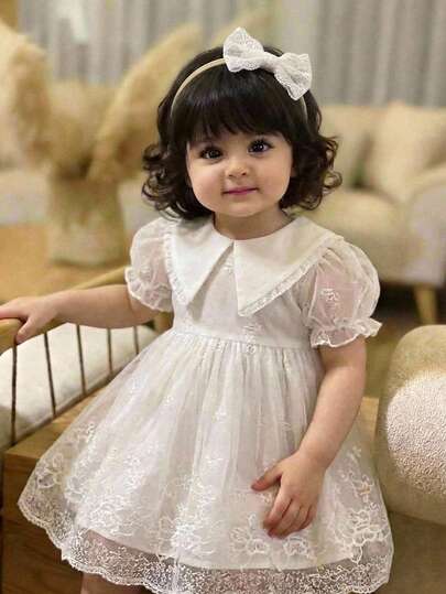 SHEIN 女婴优雅可爱白色花卉刺绣网纱泡泡袖迷你连衣裙