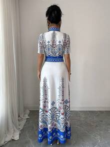 Elenzga Women's Elegant Casual Symmetrical Dragon & Phoenix Print Blue Waist Flare Dress, Suitable For Autumn/Winter Party, New Year, Christmas, Valentine's Day, Halloween Casual Wear - Blue - View 2