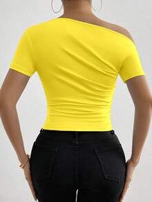 Elenzga Summer Casual Solid Color Asymmetric Neck Ruched Fitted T-Shirt - Yellow - View 2