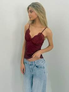 Sydney Algeri 优雅纯色对比蕾丝褶饰 Y2k 吊带背心 - 酒紅色 - 查看 4