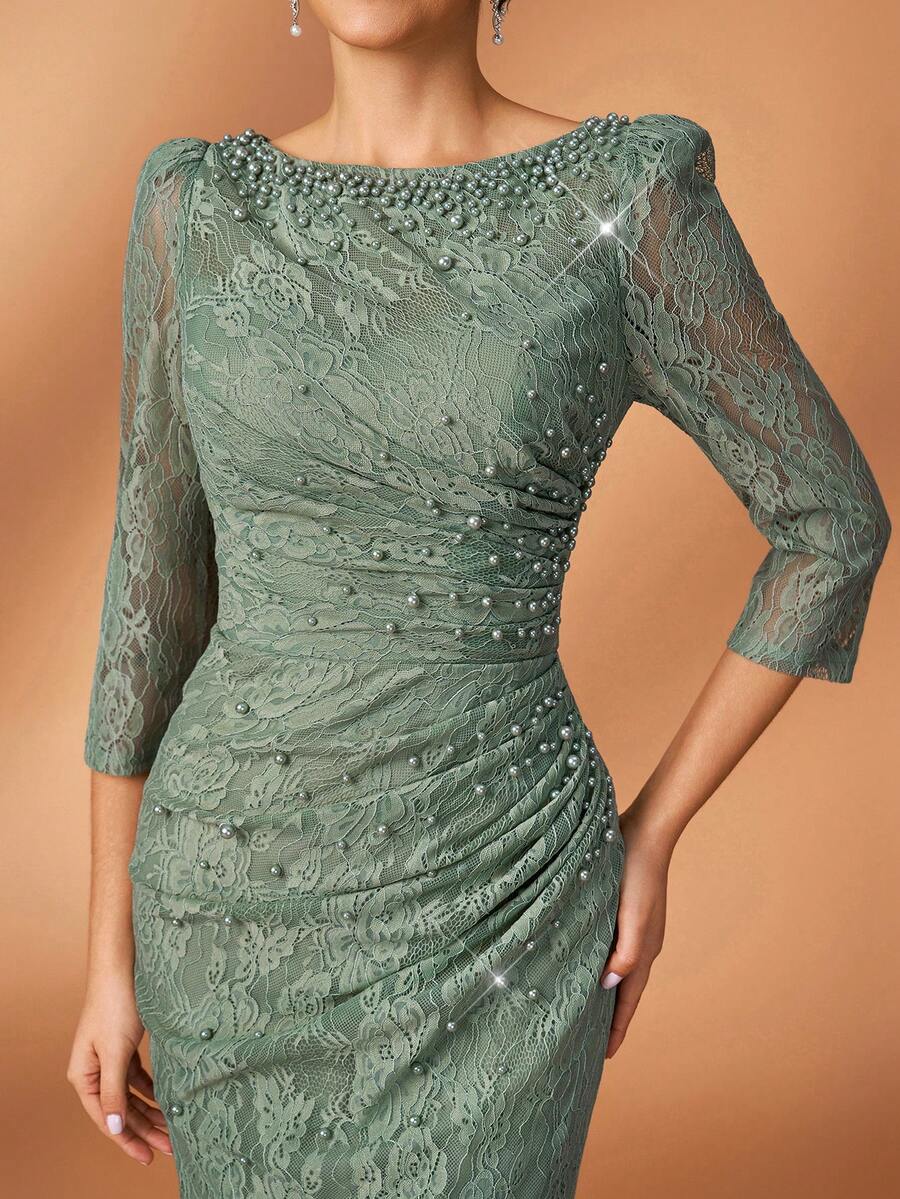 Serin Elegant Luxurious Diamond Beaded Elastic Lace Sheer Sleeve Ruched Mermaid Skirt, Suitable For Weddings, Parties, Vacations, Balls, Holidays, Bride & Mother Of The Bride Evening Gowns - Green - View 1
