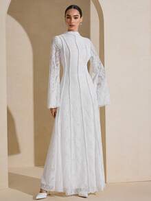 Graceveil Women's White Lace High Collar Elegant High-End Formal Dress - White - View 5