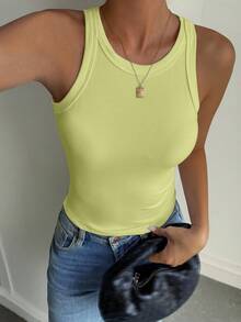 DAZY 女士无袖背心，优雅纯色，适合秋冬季穿着 - 黃色 - 查看 4