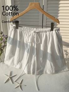 Comfortcana Plus Size Casual Loose Drawstring Solid Color Shorts, Spring/Summer Cotton Shorts Comfortable Shorts Drawstring Shorts - White - View 3